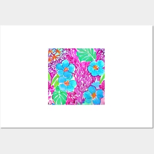 Pink and turquoise flowers and leaves preppy seamless pattern Posters and Art